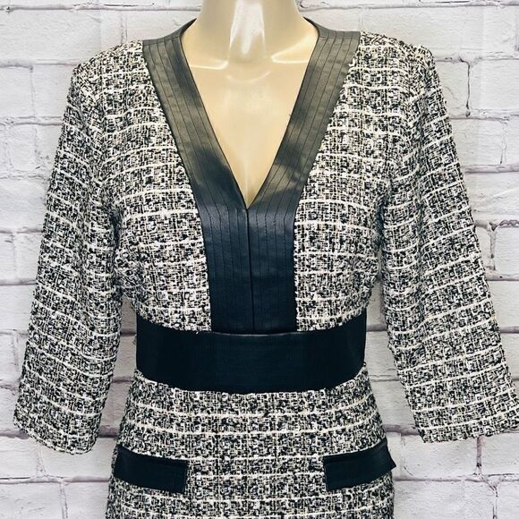 Alexia Admor Women's Black & White Zenia Tweed V-Neck Fit & Flare Dress Size 6 - Picture 3 of 9